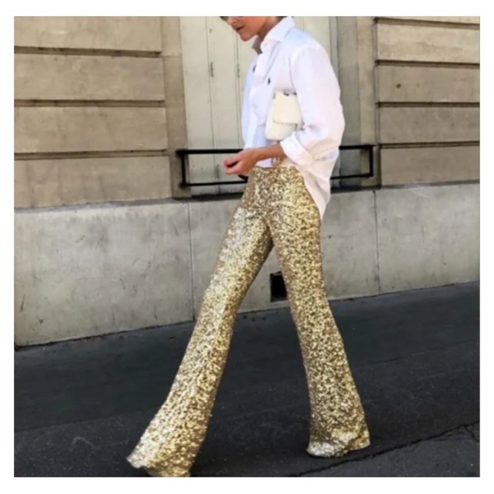 ZARA NWT LIMITED EDITION FLARED SEQUINNED LEGGINGS PANT GOLDEN 3028/020 MEDIUM